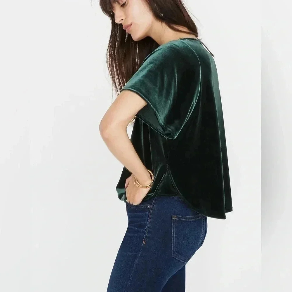 Madewell Whimsical Gothic Dark Green Velvet Butterfly Short Sleeve Top Size XXS
